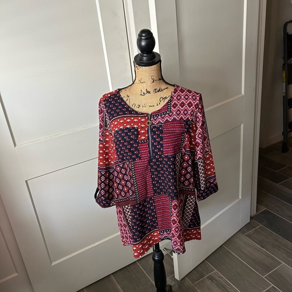 Emily Designs Red and Blue Boxy 3/4 Sleeve Blouse high/low blouse